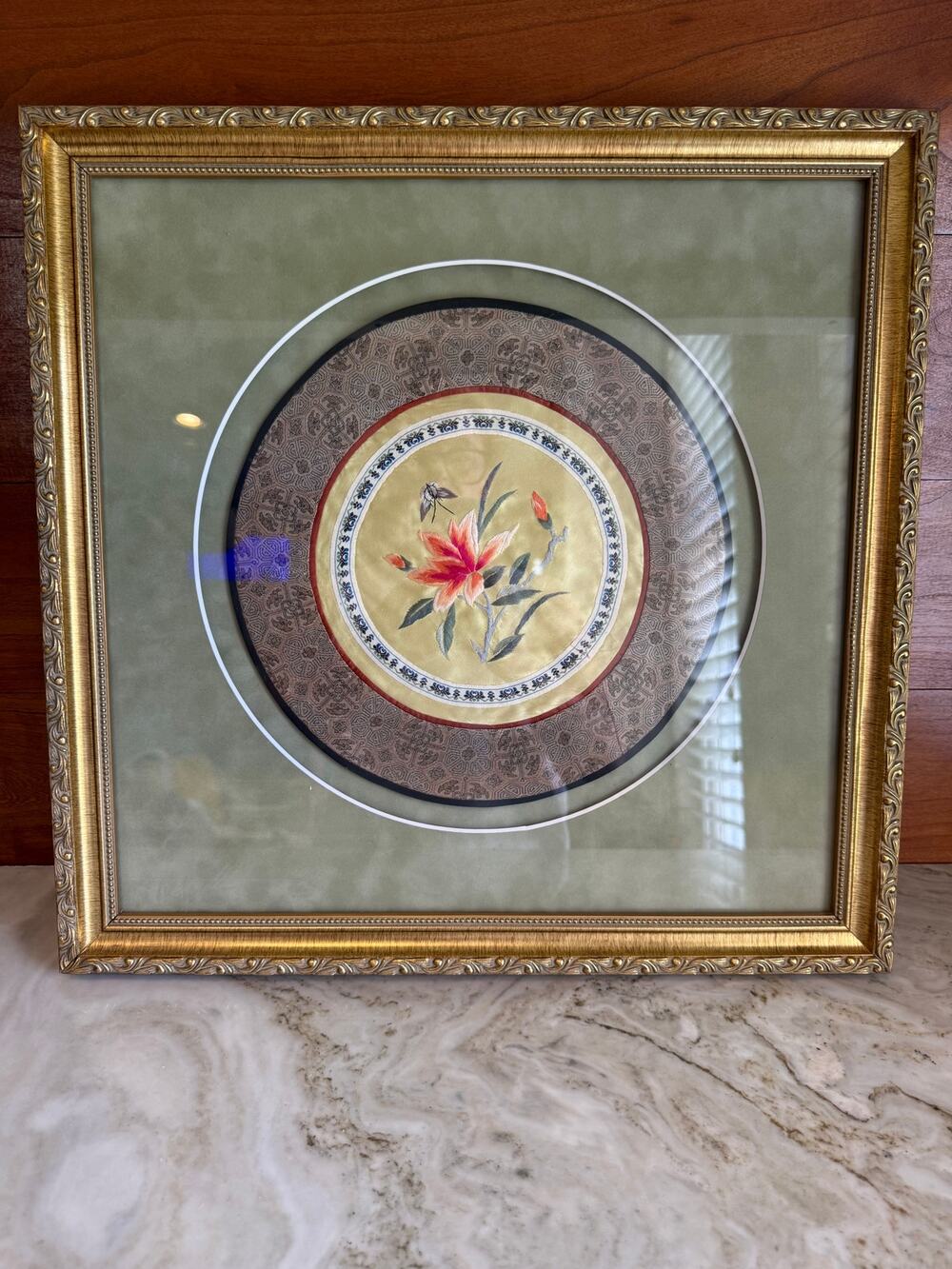 Framed Asian Embroidered Silk Art Floral Butterfly Motif
